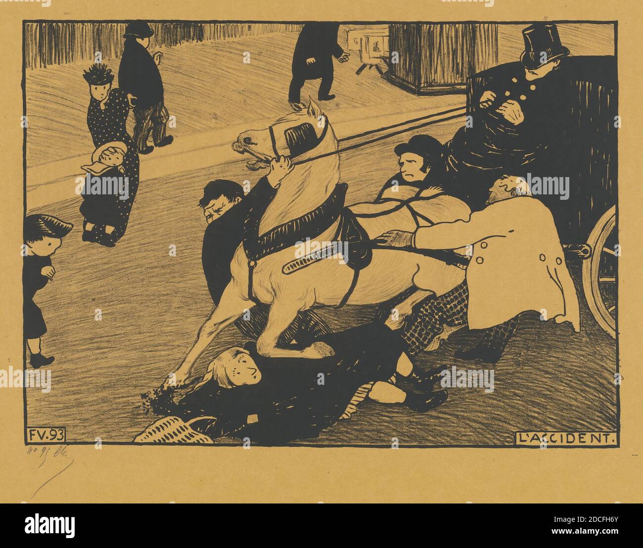 Félix Vallotton, (Künstler), Swiss, 1865 - 1925, L'Accident (der Unfall), Paris Intense, (Serie), 1893, Lithographie (Zink) auf gelbem Wove-Papier, insgesamt: 22.2 x 31.2 cm (8 3/4 x 12 5/16 Zoll Stockfoto