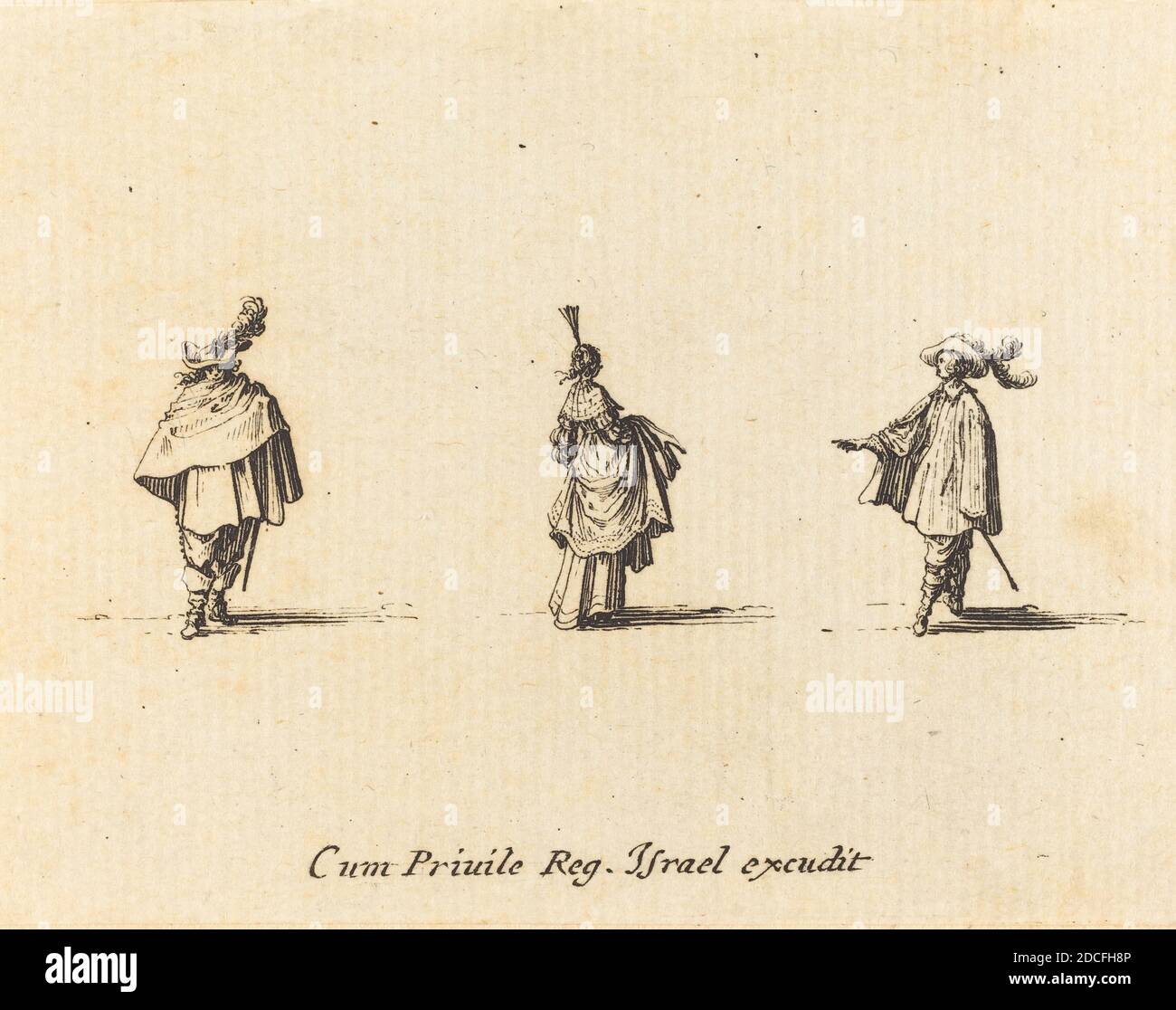 Jacques Callot, (Künstler), Französisch, 1592 - 1635, Lady with Dress Gatreup, und zwei Herren, die Fantasien, (Serie), wahrscheinlich 1634, Radierung Stockfoto