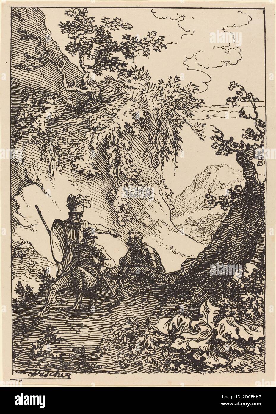 Joseph Fischer, (Künstler), Österreicher, 1769 - 1822, Landschaft mit  Männern in der Rüstung, Baumstumpf, Exemplare der Polyautographie, (Serie),  1803, Stift-und-tusche Lithographie Stockfotografie - Alamy