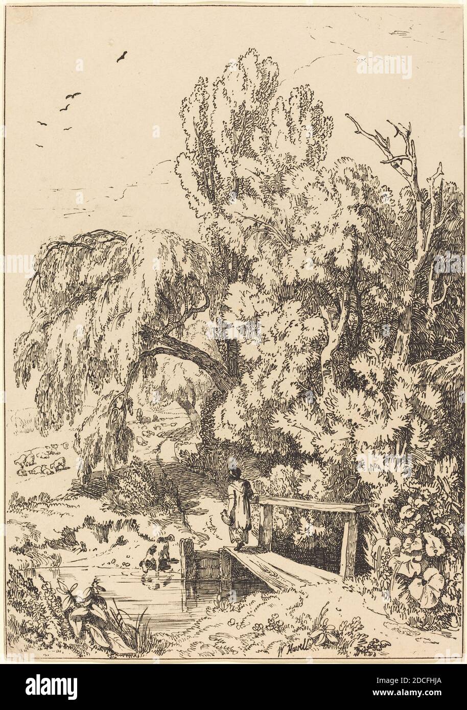 William Havell, (Künstler), Britisch, 1782 - 1857, Landschaft mit Bäumen, Girl Crossing Footbridge, Exemplare der Polyautographie, (Serie), 1804, Stift-und-tusche Lithographie Stockfoto