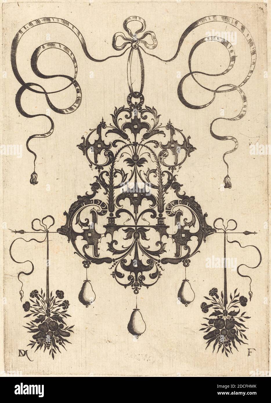 Daniel Mignot, (Künstler), deutsch, aktiv 1593/1596, großer Anhänger, unten links und rechts zwei Trauben von Gras, Blumen und Früchten, große Anhänger: pl.5, (Serie), 1596, Gravur Stockfoto