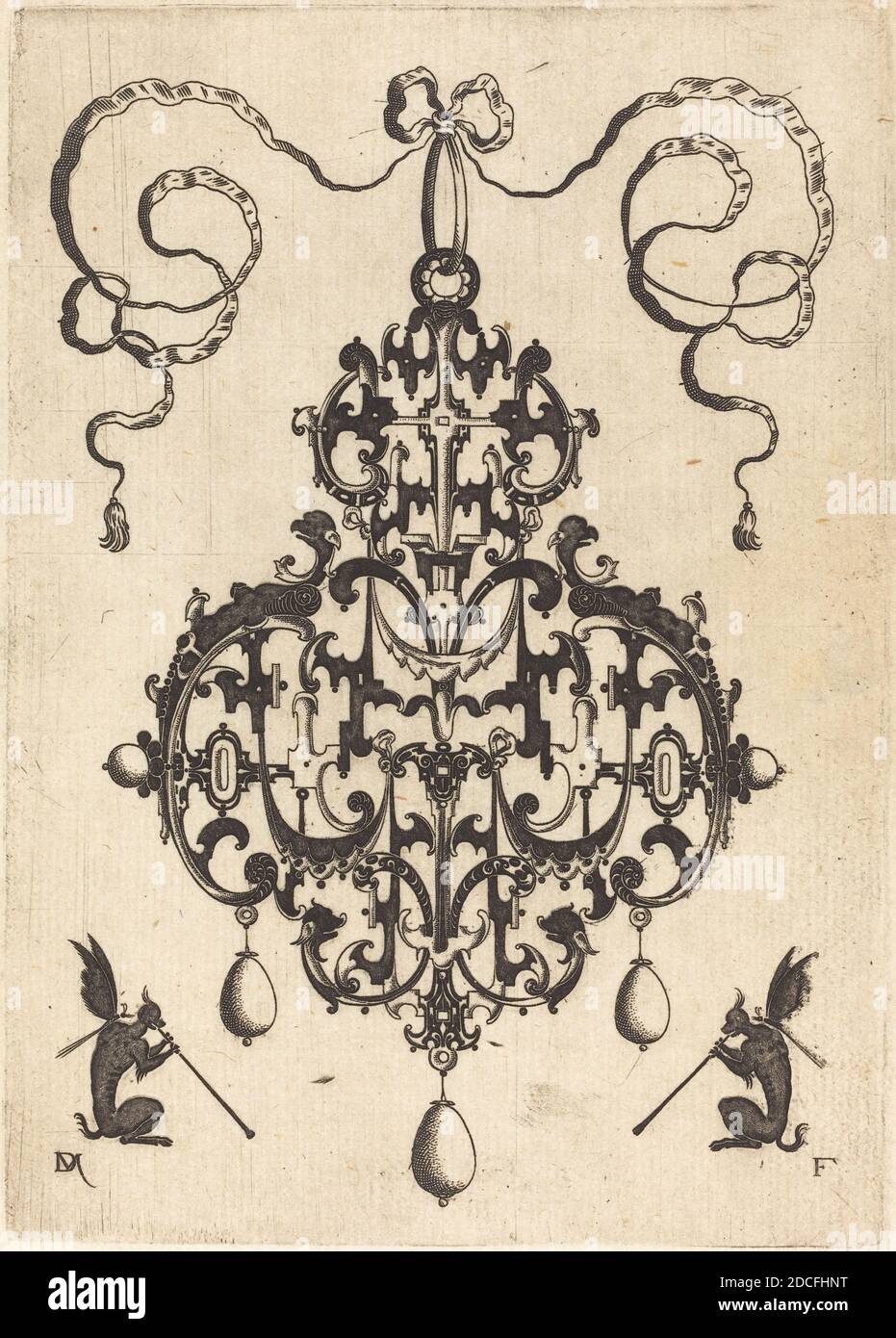 Daniel Mignot, (Künstler), deutsch, aktiv 1593/1596, großer Anhänger, zwei geflügelte Fantasiewesen mit Trompeten unten, große Anhänger: pl.2, (Serie), 1596, Gravur Stockfoto