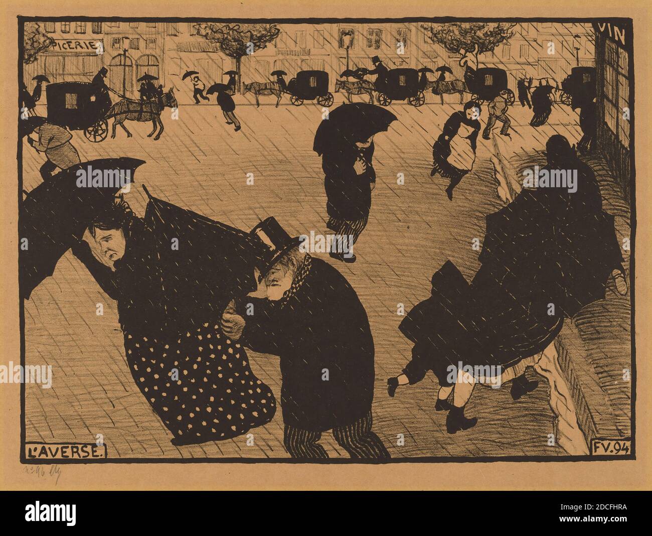Félix Vallotton, (Künstler), Schweizer, 1865 - 1925, L'Averse (The Shower), Paris Intense, (Serie), 1894, Lithographie (Zink) auf gelbem Wove-Papier, insgesamt: 22.8 x 31.3 cm (9 x 12 5/16 Zoll Stockfoto