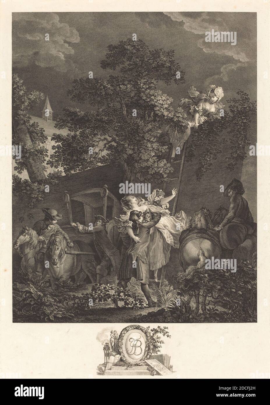 Nicolas Ponce, (Künstler), französisch, 1746 - 1831, Pierre-Antoine Baudouin, (Künstler nach), französisch, 1723 - 1769, L'enlevement nocturne, 1780, Radierung und Gravur Stockfoto