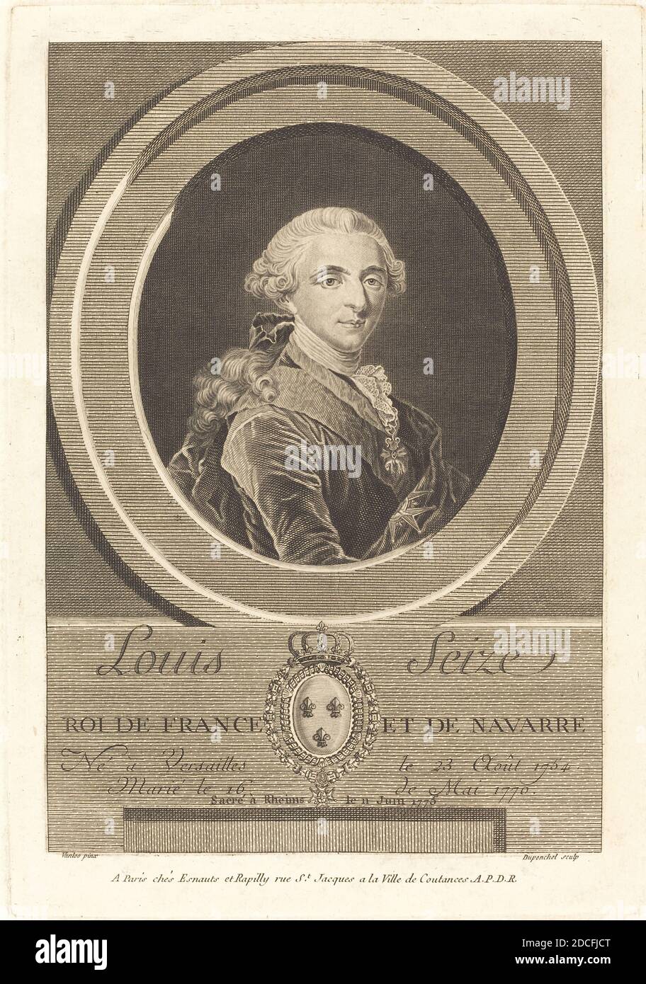 Charles-Eugene Duponchel, (Künstler), Französisch, 1748 - c. 1780, Ludwig XVI., König von Frankreich, Gravur auf Papier, Platte: 27.4 x 19 cm (10 13/16 x 7 1/2 Zoll), Blatt: 43.5 x 29.2 cm (17 1/8 x 11 1/2 Zoll Stockfoto