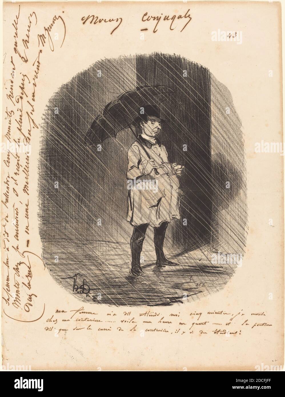 Honoré Daumier, (Künstler), französisch, 1808 - 1879, Ma femme m'a dit: Attends moi cinq minutes..., Moeurs conjugales: pl. 43, (Serie), 1842, Lithographie Stockfoto