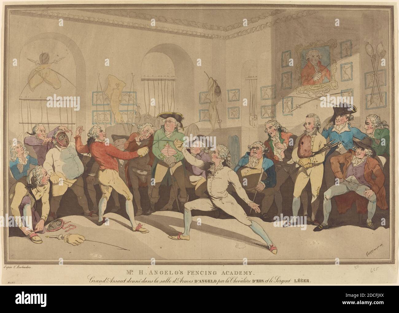 Britisches 19. Jahrhundert, (Künstler), Thomas Rowlandson, (Künstler danach), Britisch, 1756 - 1827, Mr. H. Angelos Fencing Academy, 1887, handkolorierte Radierung Stockfoto