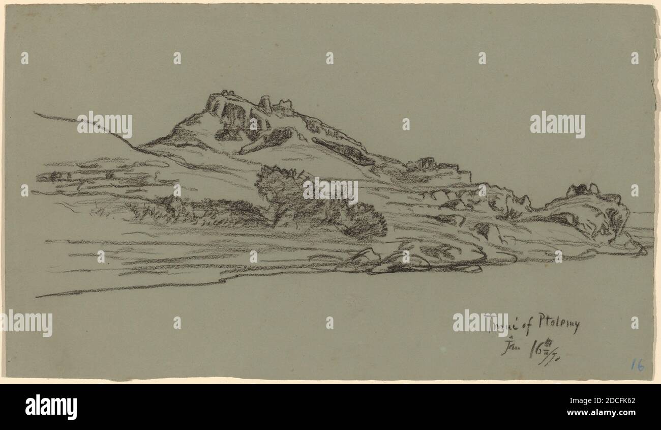 Elihu Vedder, (Künstler), Amerikaner, 1836 - 1923, Nile Journey, Tmui of Ptolemäus, 1890, schwarzer Buntstift auf grünem Webepapier, Blatt: 18.8 × 32.5 cm (7 3/8 × 12 13/16 Zoll Stockfoto