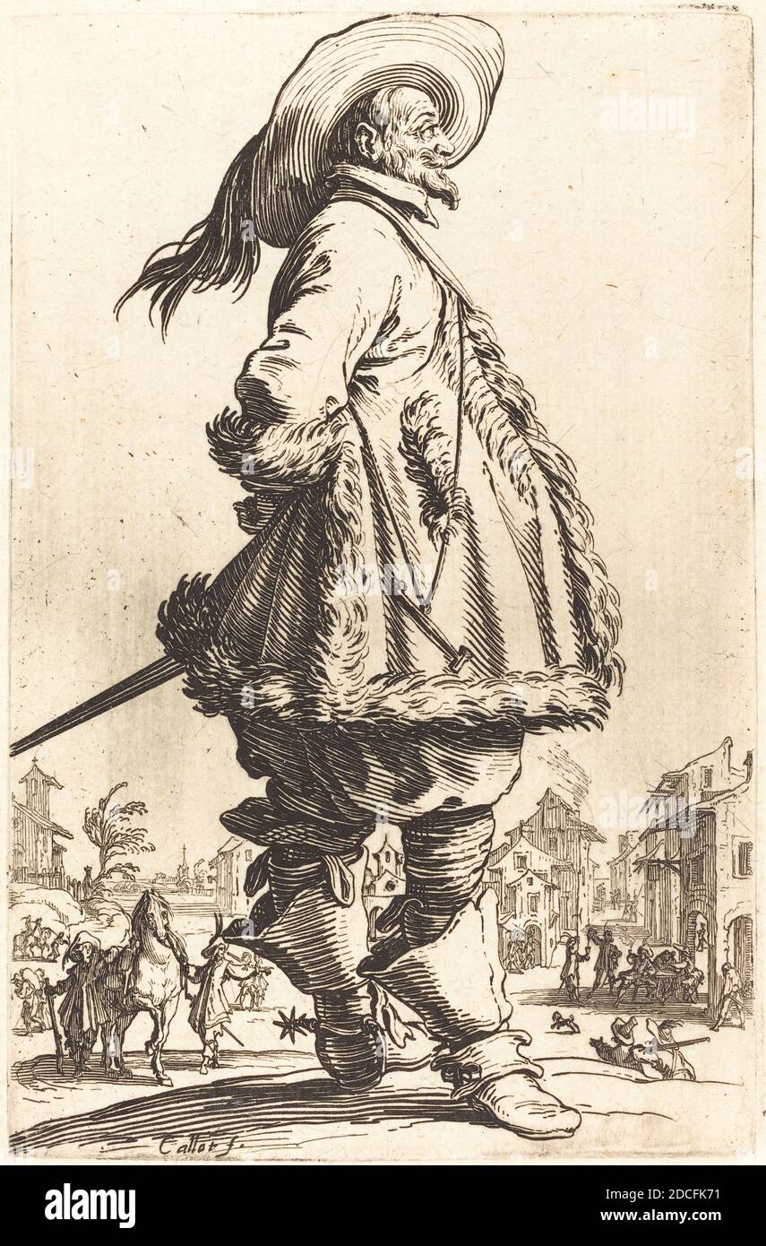 Jacques Callot, (Künstler), Französisch, 1592 - 1635, Edler Mann mit Mantle getrimmt in Pelz, hält seine Hände hinter seinem Rücken, der Adel von Lothringen, (Serie), c. 1620/1623, Radierung Stockfoto