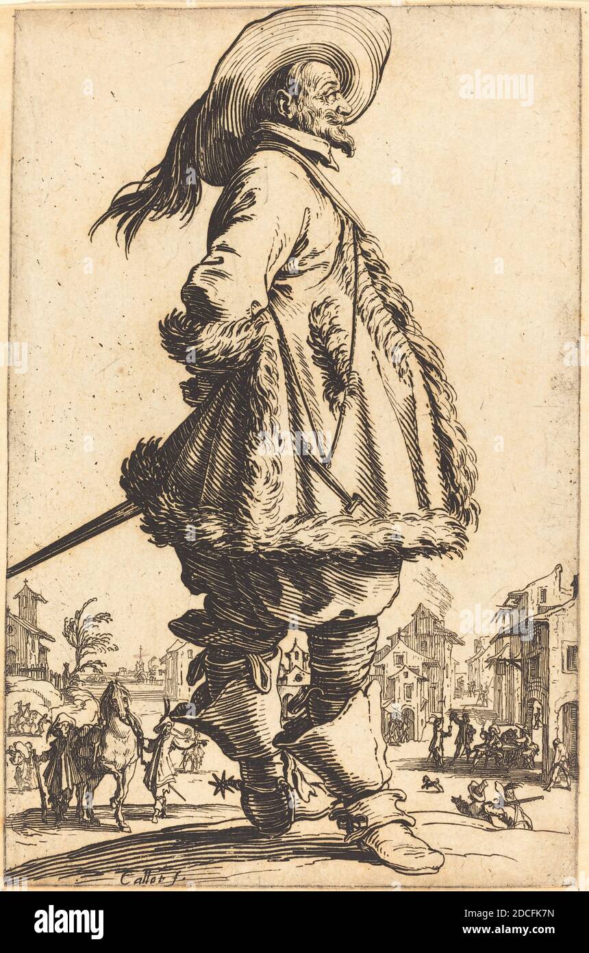 Jacques Callot, (Künstler), Französisch, 1592 - 1635, Edler Mann mit Mantle getrimmt in Pelz, hält seine Hände hinter seinem Rücken, der Adel von Lothringen, (Serie), c. 1620/1623, Radierung Stockfoto