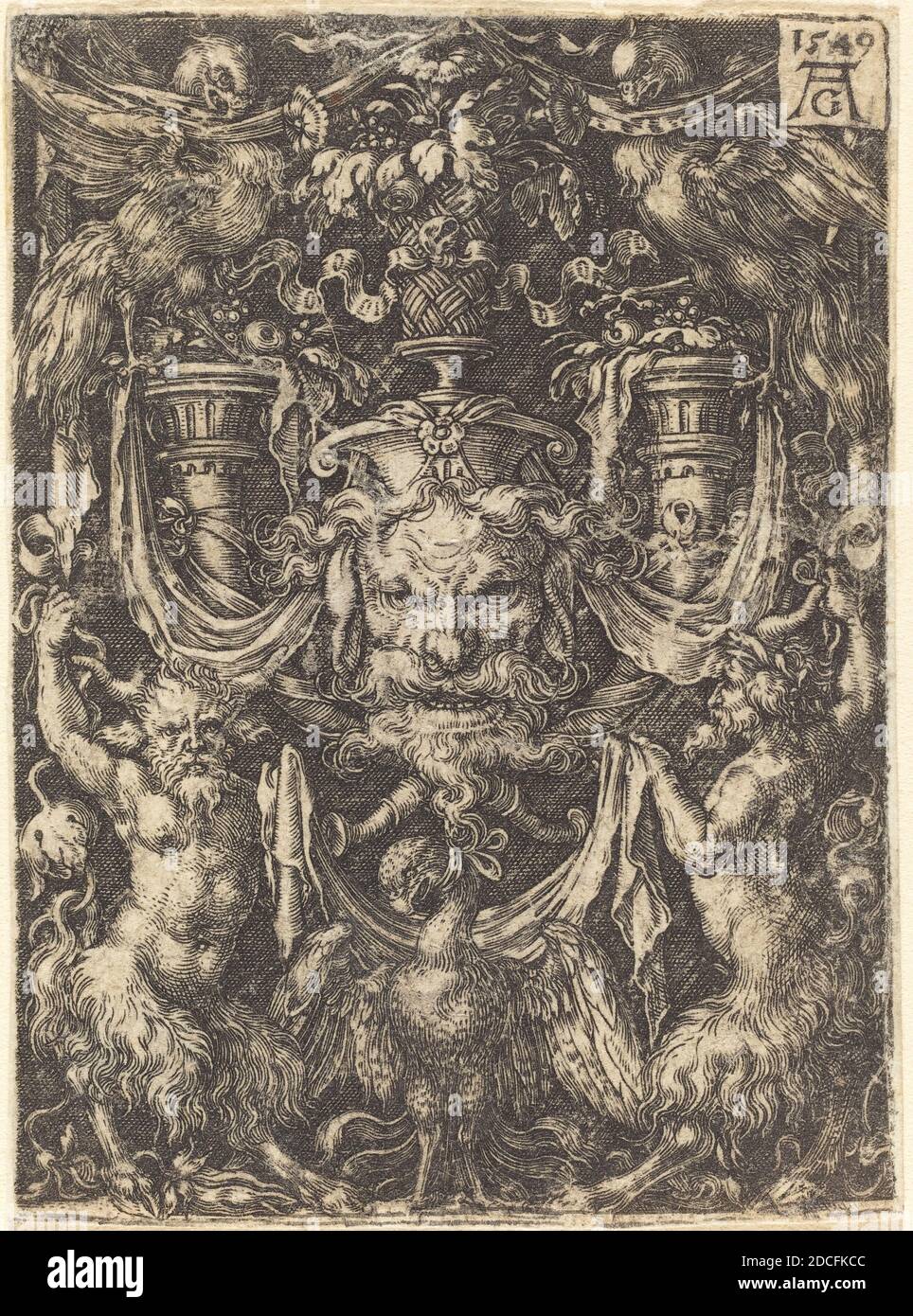 Heinrich Aldegrever, (Künstler), deutsch, 1502 - 1555/1561, Ornament mit Maske, Adler zwischen Satyrs unten, 1549, Gravur Stockfoto