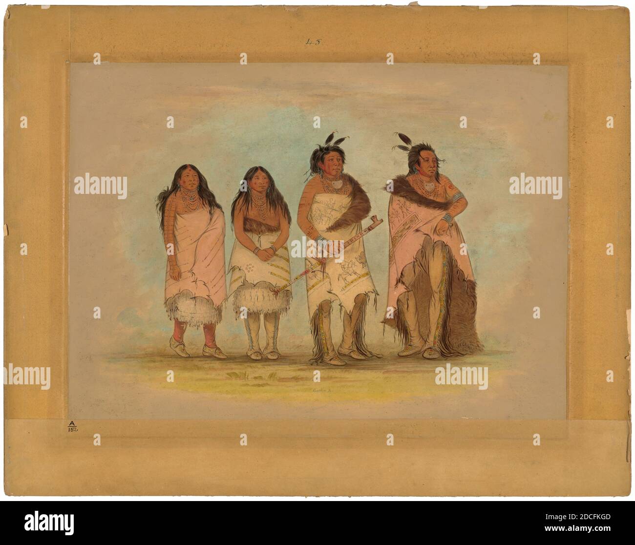 George Catlin, (Künstler), Amerikaner, 1796 - 1872, Pawneepict Chief, Two Daughters, and a Warrior, 1861/1869, Öl auf Karton, insgesamt: 41.9 x 56.5 cm (16 1/2 x 22 1/4 Zoll Stockfoto