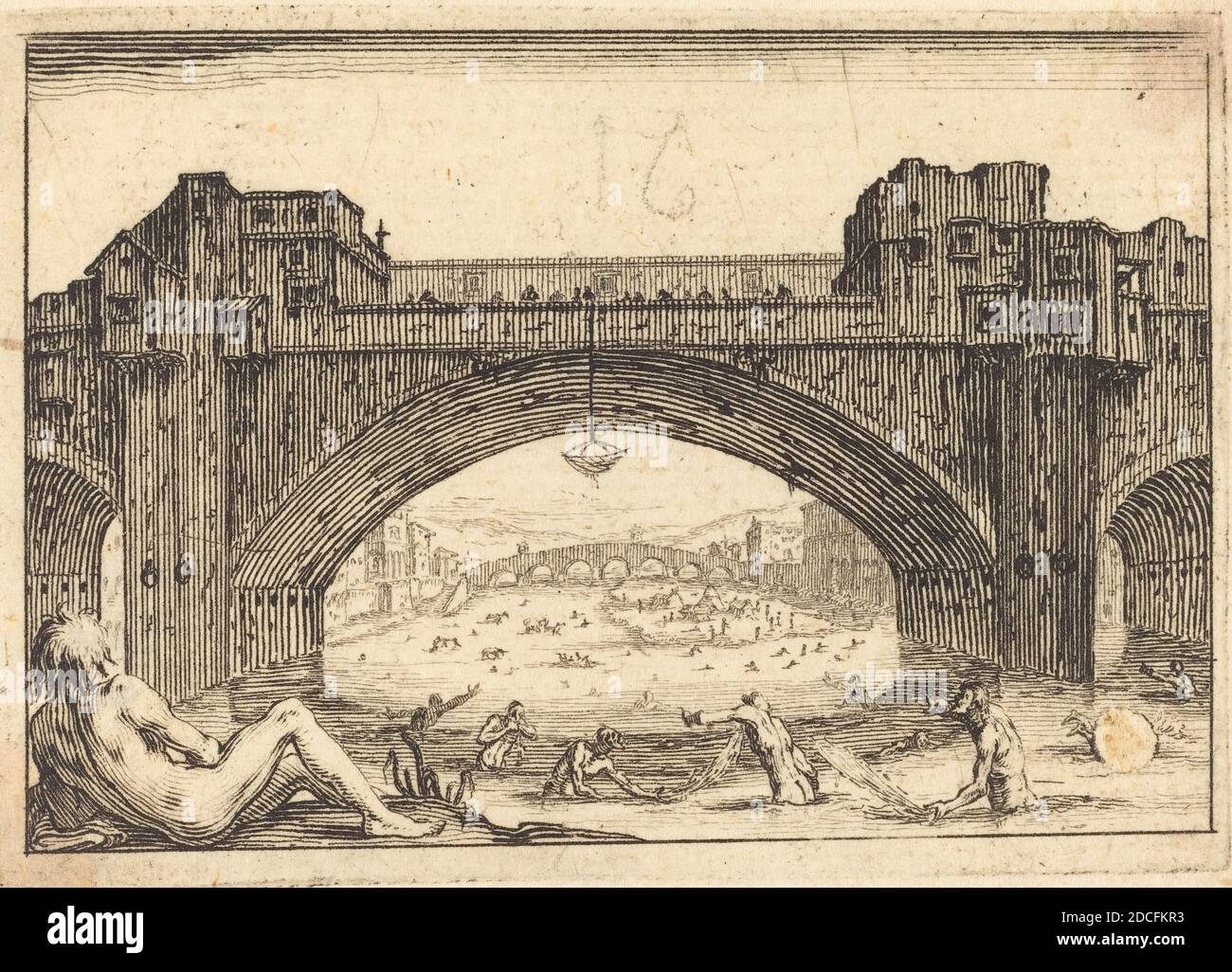 Jacques Callot, (Künstler), Französisch, 1592 - 1635, Ponte Vecchio, Florenz, Capricci (Florenz-Serie), (Serie), c. 1617, Ätzen Stockfoto