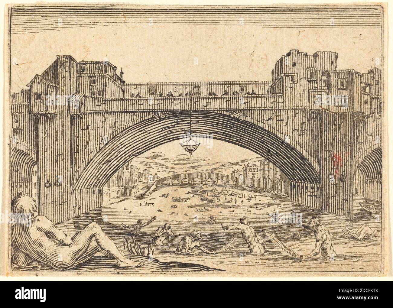 Jacques Callot, (Künstler), Französisch, 1592 - 1635, Ponte Vecchio, Florenz, Capricci (Nancy-Serie), (Serie), c. 1622, Ätzen Stockfoto