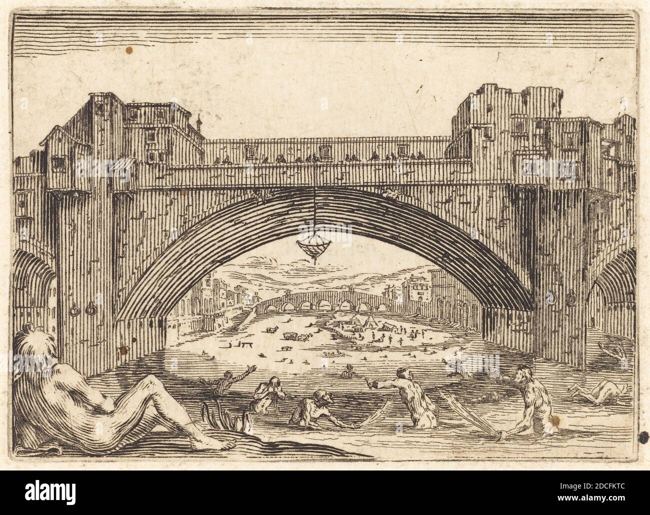 Jacques Callot, (Künstler), Französisch, 1592 - 1635, Ponte Vecchio, Florenz, Capricci (Nancy-Serie), (Serie), c. 1622, Ätzen Stockfoto
