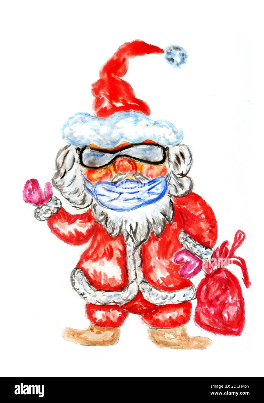 Cartoon Santa Claus trägt Schutzmaske Hand gezeichnet Illustration. Stockfoto