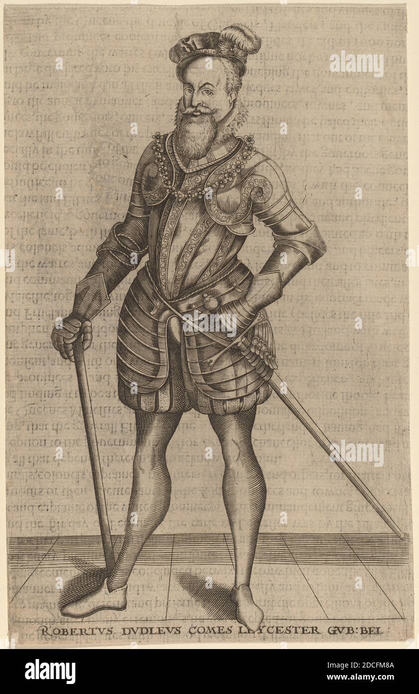 Christoffel van Sichem I, (Künstler), Niederländisch, 1546 - 1624, Robert Dudley, Earl of Leicester, La Grande Chronique Ancienne et Moderne ... jusques à la fin de l'an 1600: vol. II (S. 525), (Serie), Gravur, Blatt (innerhalb der Plattenmarkierung zugeschnitten): 18.6 x 14.2 cm (7 5/16 x 5 9/16 Zoll Stockfoto