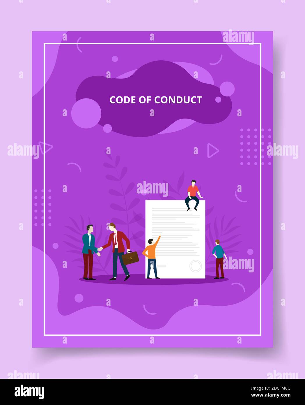 Code of Conduct Menschen vor Papier stehend sitzend Handschlag für Vorlage von Bannern, Flyer, Bücher Cover, Zeitschriften mit flüssigen Form Stil Stock Vektor
