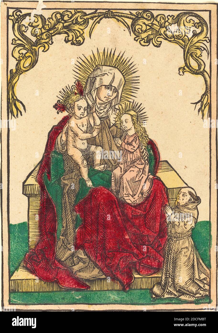 Deutsch 15. Jahrhundert, (Künstler), St. Anne, die Madonna mit Kind, und ein Franziskaner Mönch, c. 1500, Holzschnitt, handkolorierter roter See, grün, rosa, gelb und grau Stockfoto