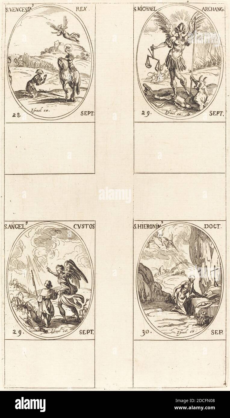 Jacques Callot, (Künstler), Französisch, 1592 - 1635, St. Wenzel; St. Michael, Erzengel; der Schutzengel; St. Jerome, der Kalender der Heiligen, (Serie), Radierung Stockfoto