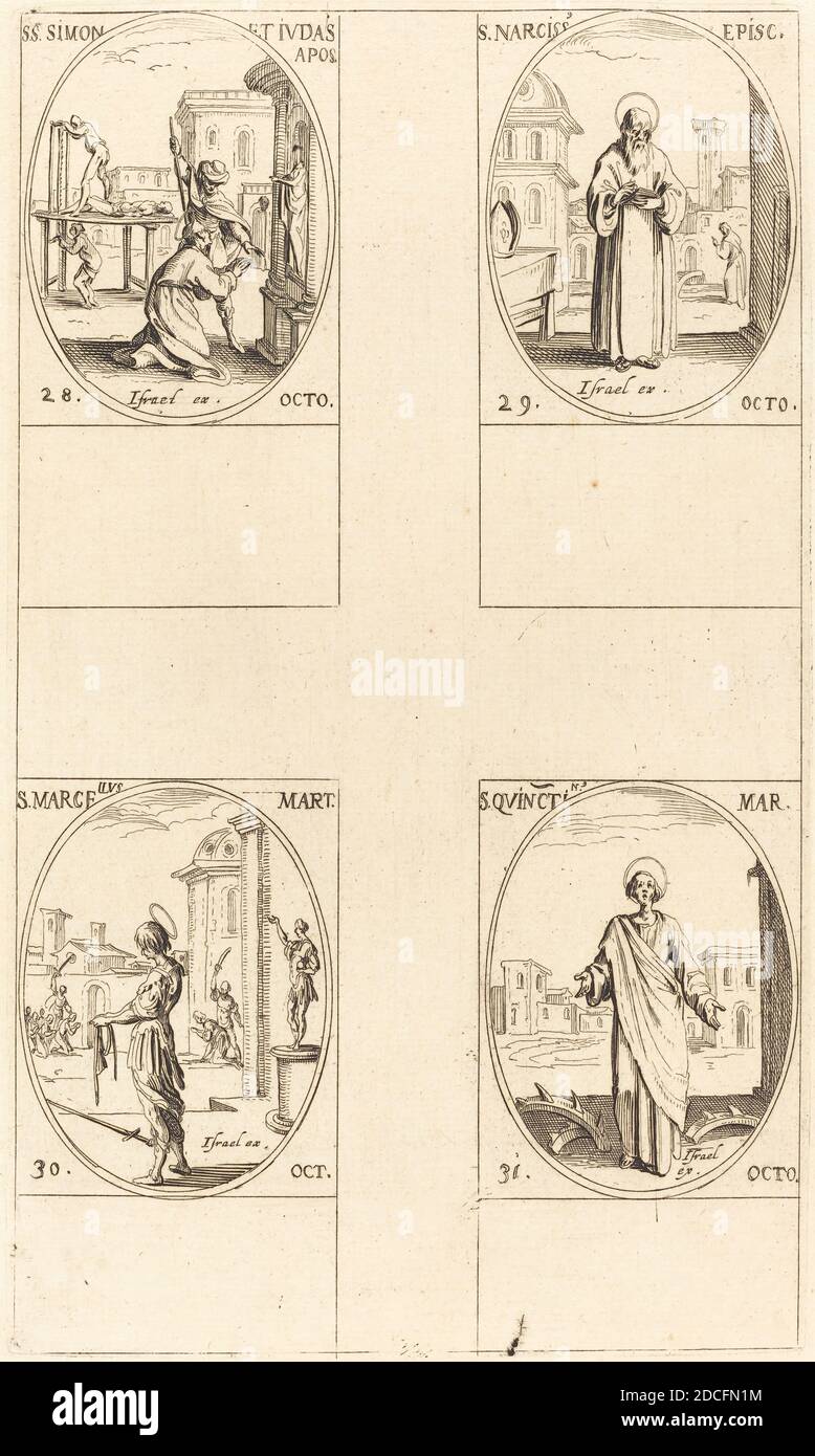 Jacques Callot, (Künstler), Französisch, 1592 - 1635, St. Simon und Jude, Apostel; St. Narcissus; St. Marcellus; St. Quintin, der Kalender der Heiligen, (Serie), Radierung Stockfoto