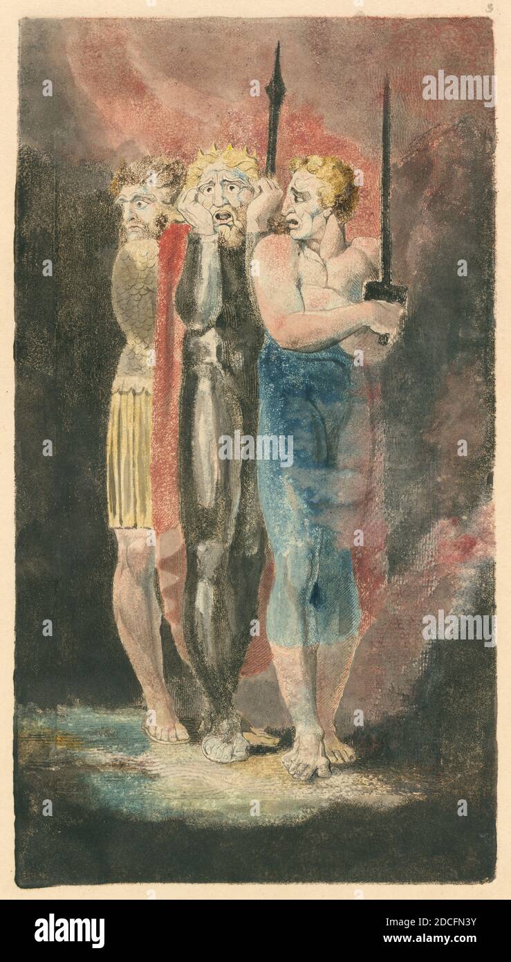 William Blake, (Künstler), britisch, 1757 - 1827, die Ankläger von Diebstahl, Ehebruch, Mord (Krieg), A Large Book of Designs: no.2, (Serie), c. 1794/1796, Farbdruckradierung, Platte: 21.6 x 12.1 cm (8 1/2 x 4 3/4 Zoll), Blatt: 32.1 x 24.1 cm (12 5/8 x 9 1/2 Zoll), Matte: 35.6 x 27.9 cm (14 x 11 Zoll Stockfoto