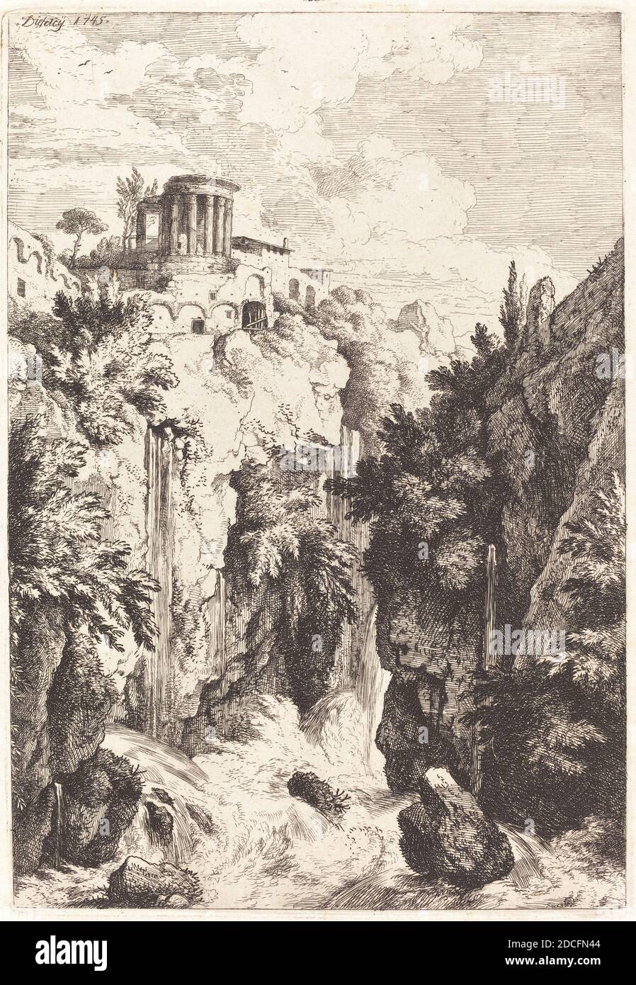 Christian Wilhelm Ernst Dietrich, (Künstler), deutsch, 1712 - 1774, Tempel der Sibyl, Tivoli, 1745, Radierung Stockfoto