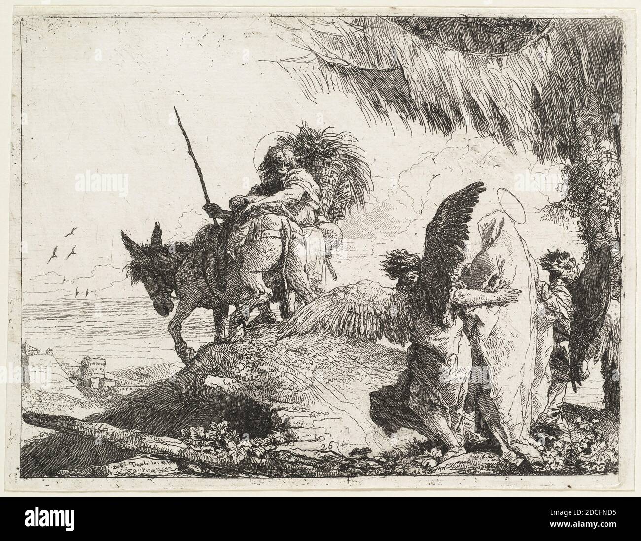 Giovanni Domenico Tiepolo, (Künstler), Venetian, 1727 - 1804, der Flug, mit Madonna rechts unterstützt von Engeln, Flucht nach Ägypten: pl. 26, (Serie), erschienen 1753, Radierung Stockfoto