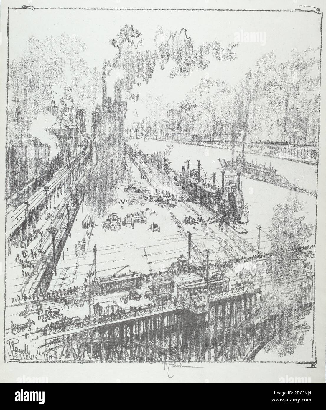 Joseph Pennell, (Künstler), Amerikaner, 1857 - 1926, The Levee from EADS Bridge, St. Louis, St. Louis Set, (Serie), 1919, Lithographie Stockfoto