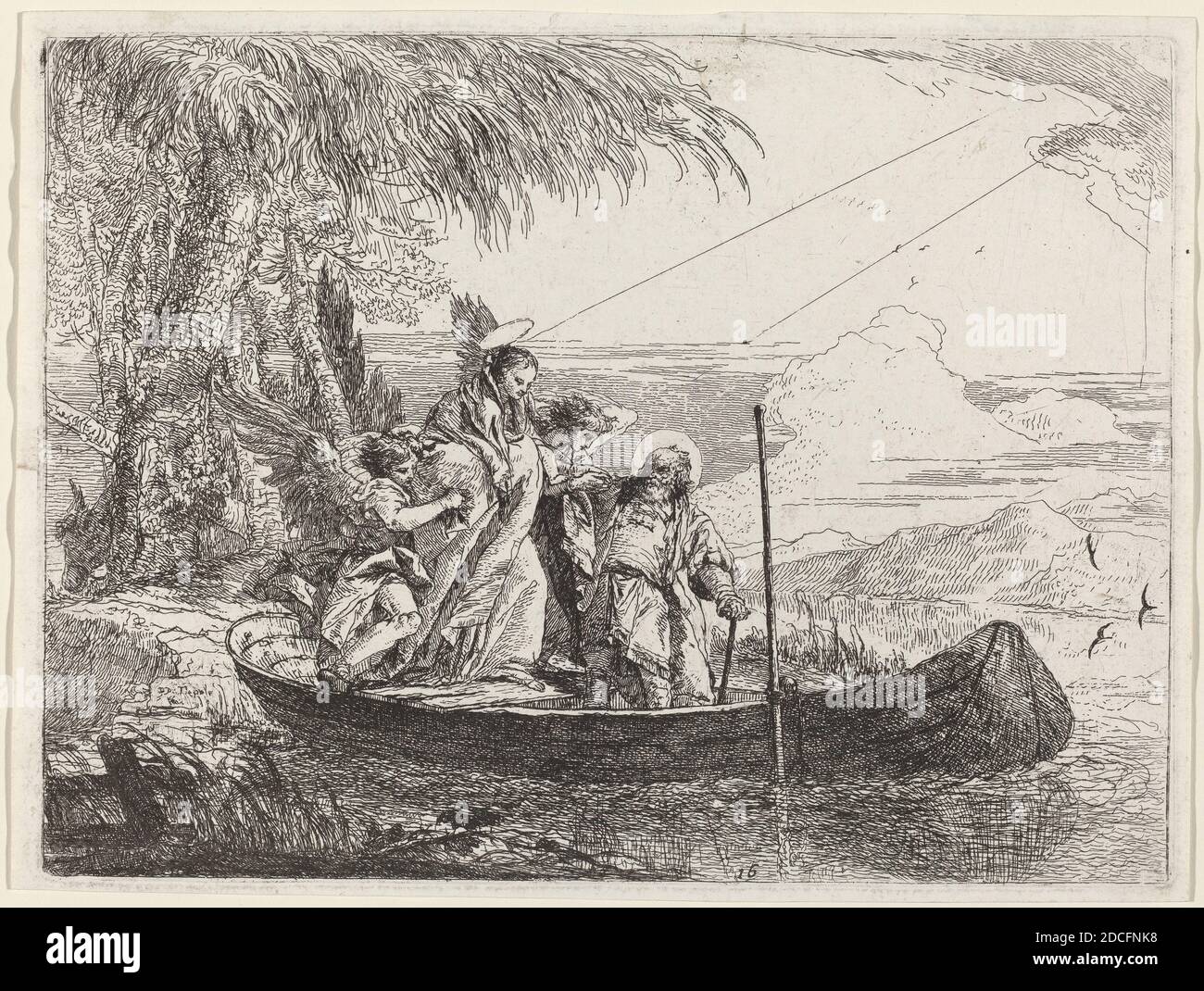 Giovanni Domenico Tiepolo, (Künstler), Venetian, 1727 - 1804, die Madonna, Kind, und Engel Eintritt in das Boot, Flucht nach Ägypten: pl. 16, (Serie), veröffentlicht 1753, Radierung Stockfoto