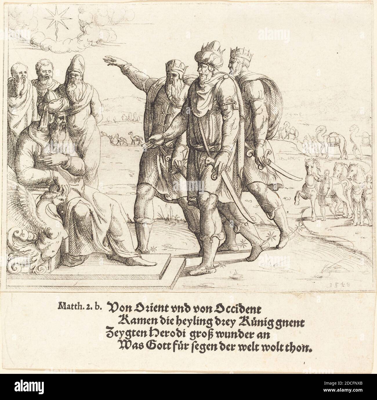 Augustin Hirschvogel, (Künstler), deutsch, 1503 - 1553, die drei Könige erzählen Herodes von Christi Geburt, Alte und Neue Testament Konkordanz, (Serie), 1549, Radierung Stockfoto