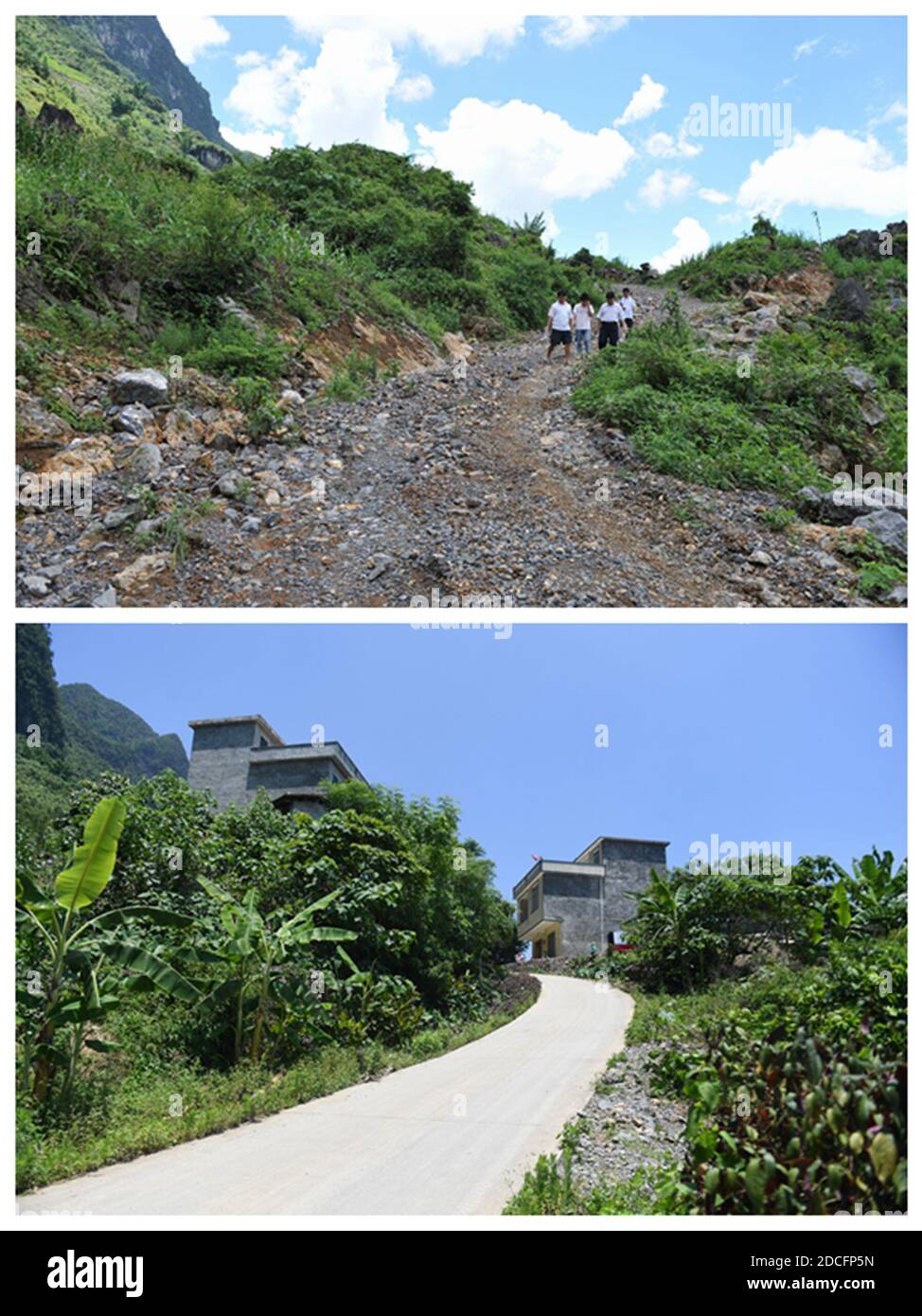 (201121) -- NANNING, 21. November 2020 (Xinhua) -- in diesem Combo-Foto zeigt der obere Teil vom 14. Juli 2009 die Straße, die zum Shangbaotun des Dorfes Jialiu führt; Der untere Teil, aufgenommen am 7. Juni 2018, zeigt eine Straße in Shangbaotun des Dorfes Jialiu, im Landkreis Napo, südchinesische Autonome Region Guangxi Zhuang. Die Autonome Region Guangxi Zhuang in Südchina, die Heimat der größten ethnischen Minderheit des Landes, hat alle 54 armutsbetroffenen Bezirke aus der Armut befreit. Die letzten acht verarmten Grafschaften in der Region, darunter sechs autonome Grafschaften ethnischer Minderheiten, haben Elimina Stockfoto