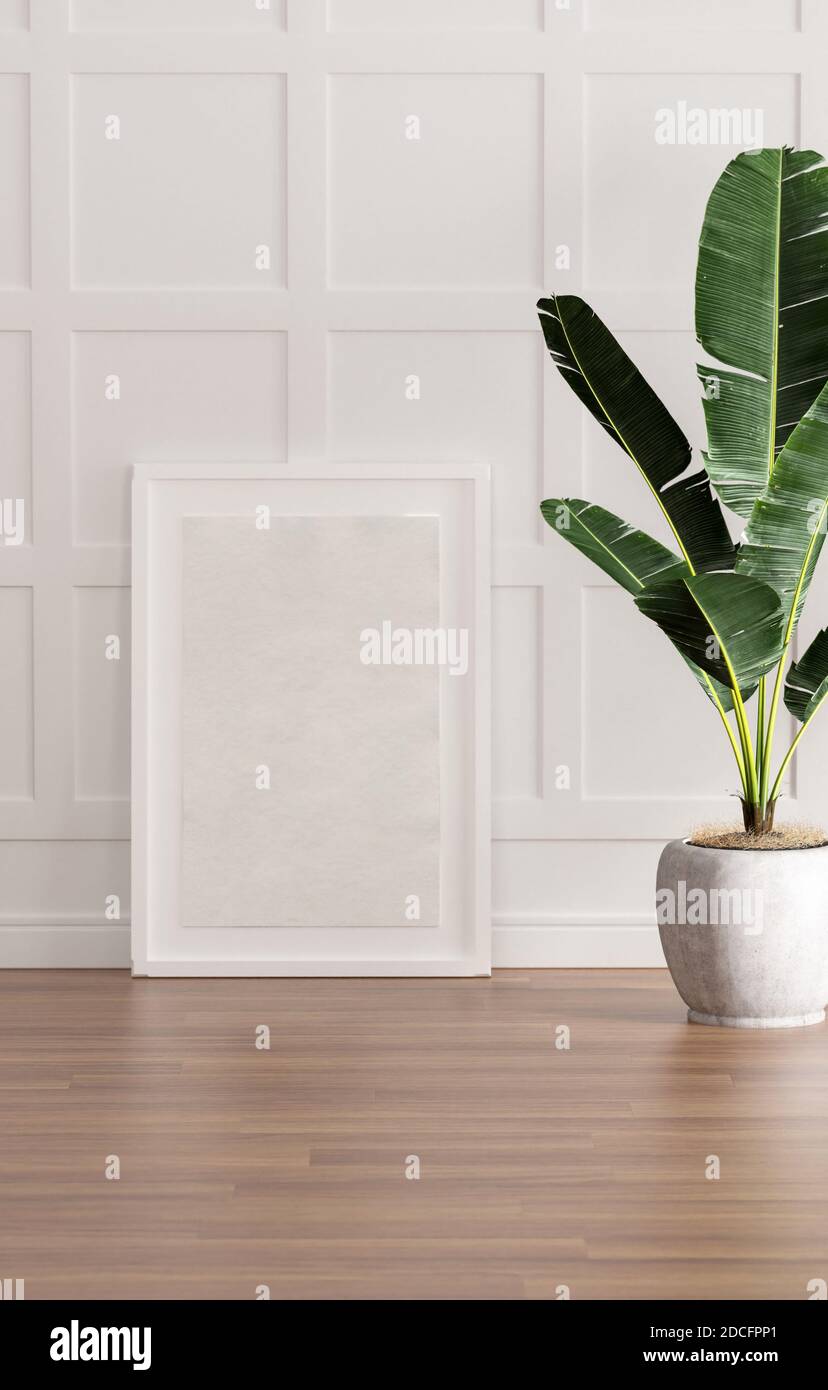 Leere moderne Innenausstattung und Parkettboden und grüne Bananenvase Und Rahmen Stockfoto