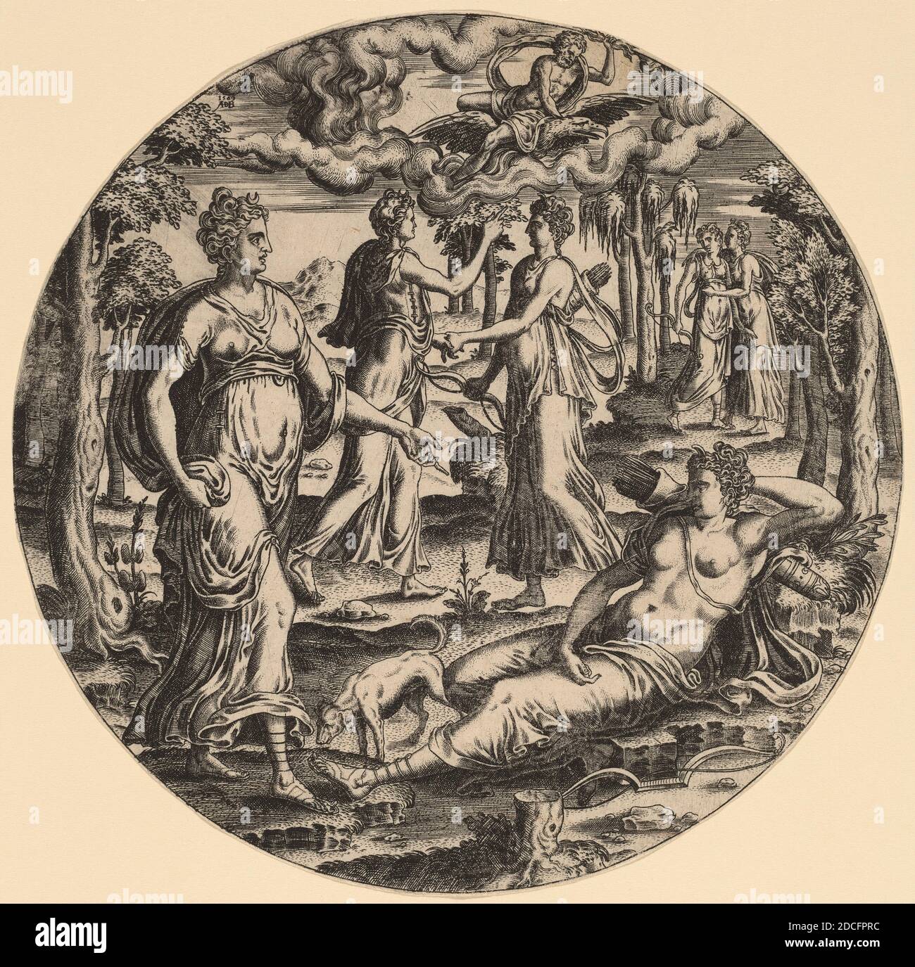 Abraham de Bruyn, (Künstler), Flämisch, 1540 - 1587, Diana und ihre Nymphen im Garten, 1569, Gravur Stockfoto
