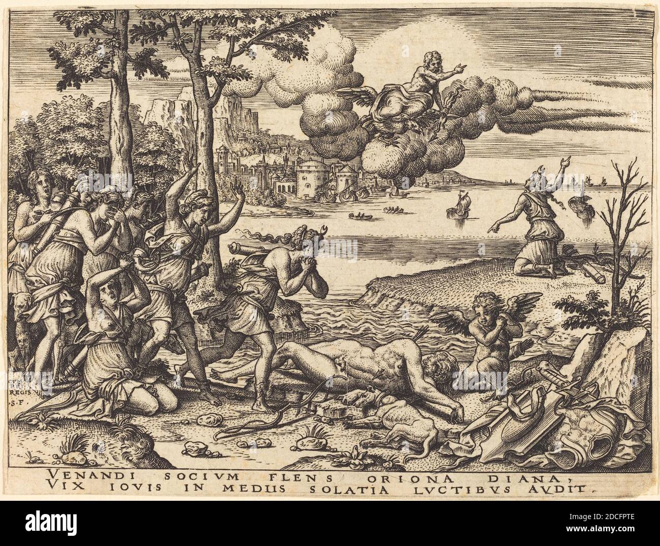 Etienne Delaune, (Künstler), Französisch, 1518/1519 - 1583, Diana Trauer um den Tod des Orion, die Geschichte von Apollo und Diana, (Serie), Stich Stockfoto