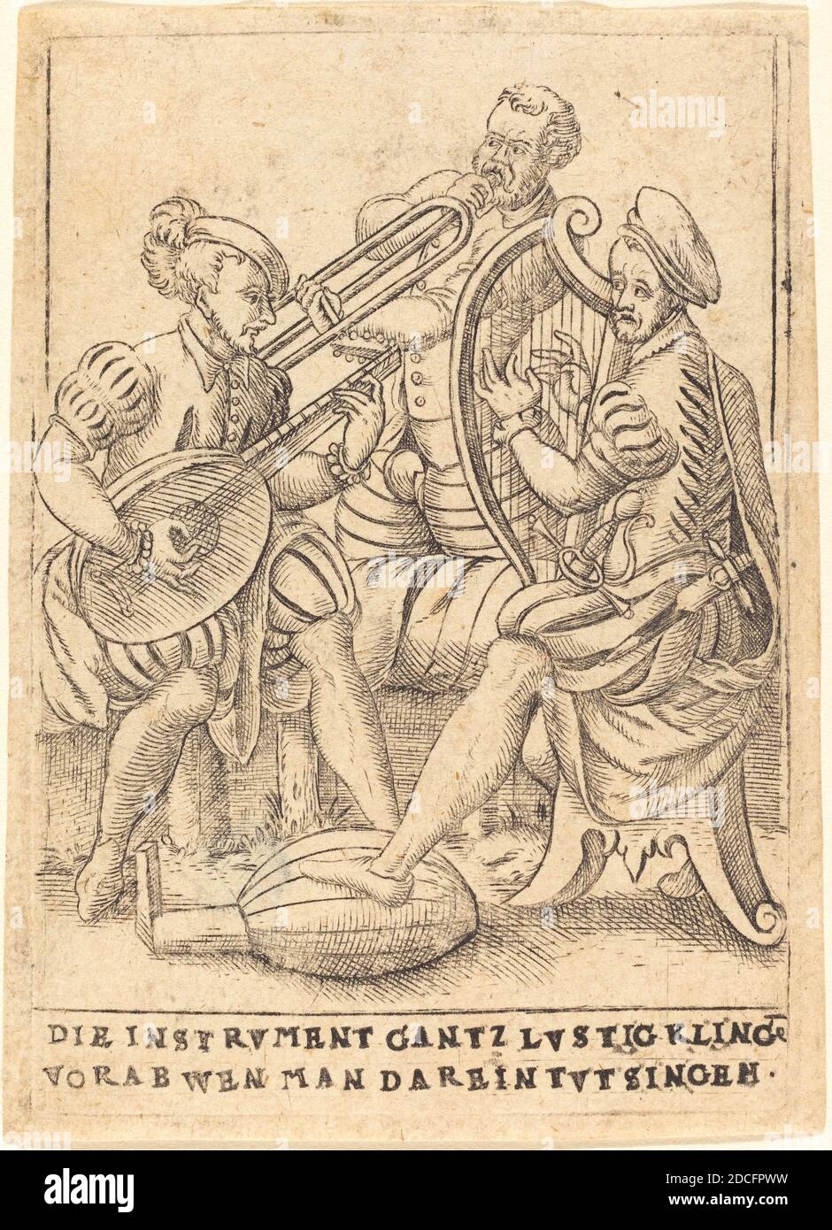 Deutsch 16. Jahrhundert, (Künstler), die Instrvment gantz lvstig Kling vorab wen man darein tvt singen, Six Musical Subjects, (Serie), c. 1580, Gravur Stockfoto