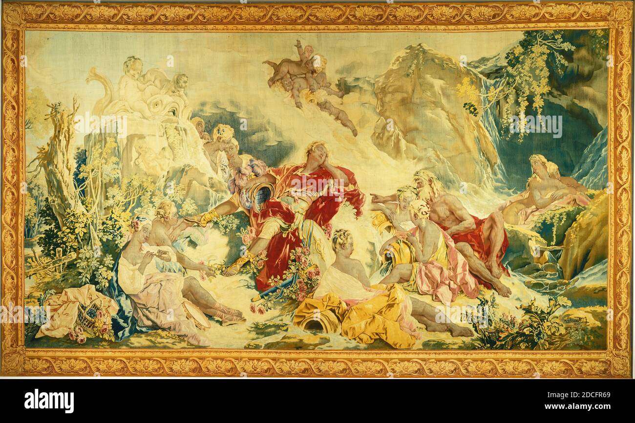 Nicolas Besnier, (Künstler), Französisch, 1714 - 1754, Jean-Baptiste Oudry, (Künstler), Französisch, 1686 - 1755, Beauvais Tapestry Factory, (Weber), Französisch, gegründet 1664, François Boucher, (Künstler nach), Französisch, 1703 - 1770, Dream of Rinaldo, c. 1751, Wandteppich: Ungefärbte Woll-Kette; gefärbter Woll- und Seidenwefstoff, insgesamt (ungefähre Abmessungen): 281.3 x 472.4 cm (110 3/4 x 186 Zoll Stockfoto