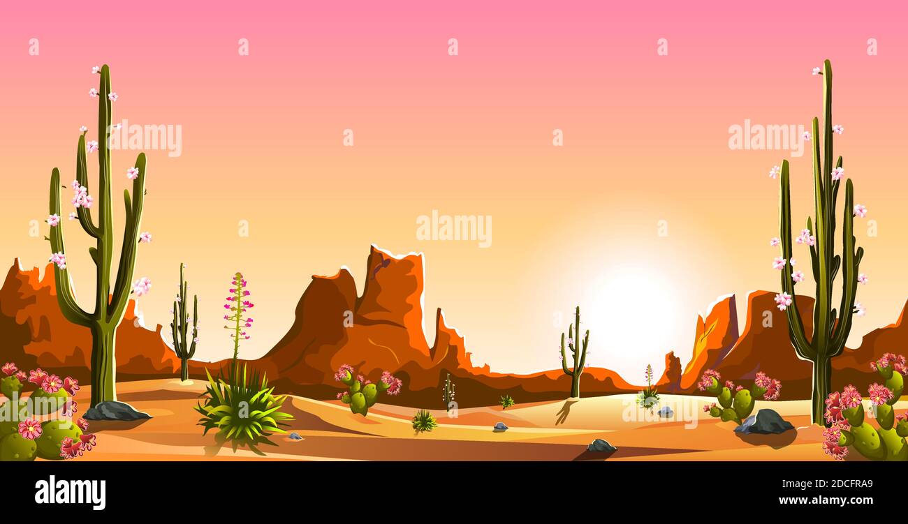 Mexikanische Wüste. Blühende Kakteen. Die Berge. Sonnenuntergang. Querformat. Saguaro Kaktus. Stock Vektor