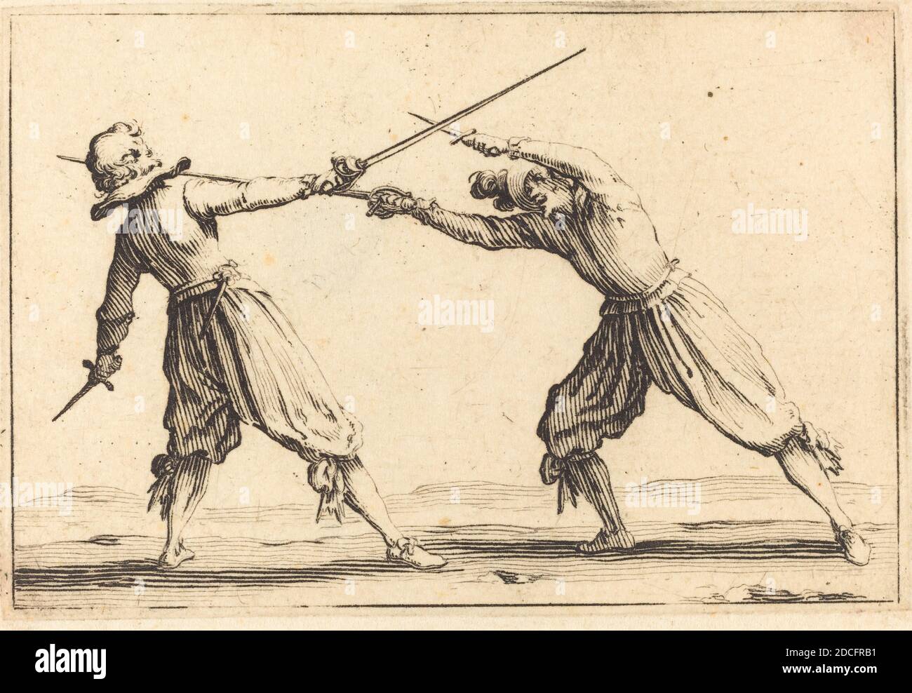Jacques Callot, (Künstler), Französisch, 1592 - 1635, Duell mit Schwertern und Dolchen, Capricci (Florenz-Serie), (Serie), c. 1617, Ätzen Stockfoto