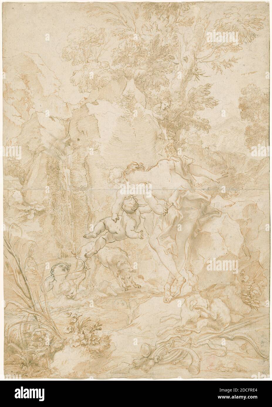 Gregorio De Ferrari, (Künstler), Genua, 1647 - 1726, Echo und Narcissus, Stift und braune Tinte und braune Waschung über schwarzer Kreide, teilweise eingerückt mit Stift, insgesamt (ca.): 48.3 x 34.4 cm (19 x 13 9/16 Zoll Stockfoto
