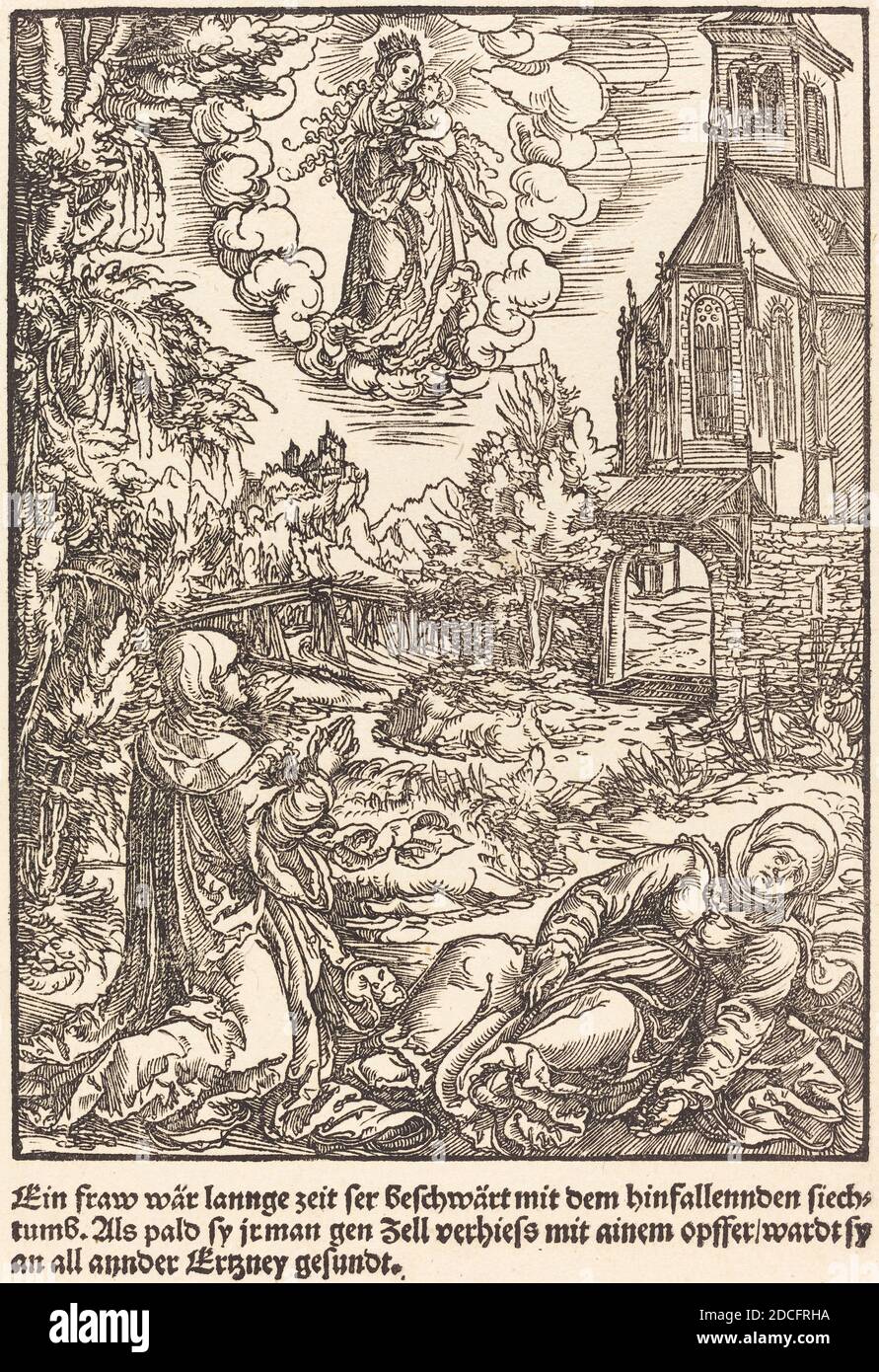 Meister der Wunder von Mariazell, (Künstler), Deutsch, aktiv Anfang des 16. Jahrhunderts, ein Frau war lange Zeit ..., die Wunder von Mariazell, (Serie), c. 1503, Holzschnitt auf gedeckten Papier, Blatt: 26.5 × 17.9 cm (10 7/16 × 7 1/16 Zoll Stockfoto