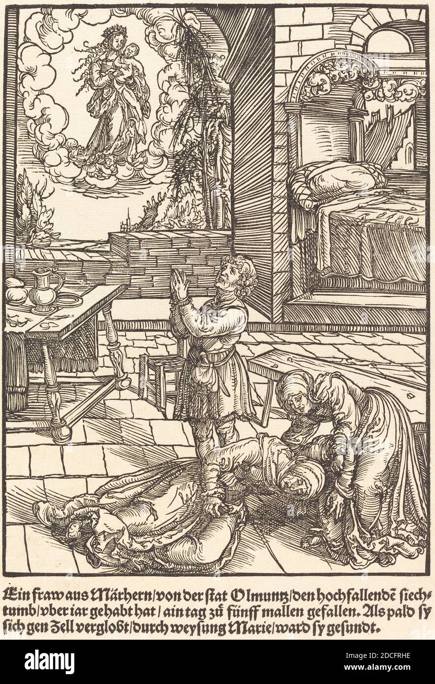 Meister der Wunder von Mariazell, (Künstler), Deutsch, aktiv Anfang des 16. Jahrhunderts, ein frau aus Marhern ..., die Wunder von Mariazell, (Serie), c. 1503, Holzschnitt auf gedeckten Papier, Blatt: 26.5 × 18.1 cm (10 7/16 × 7 1/8 Zoll Stockfoto