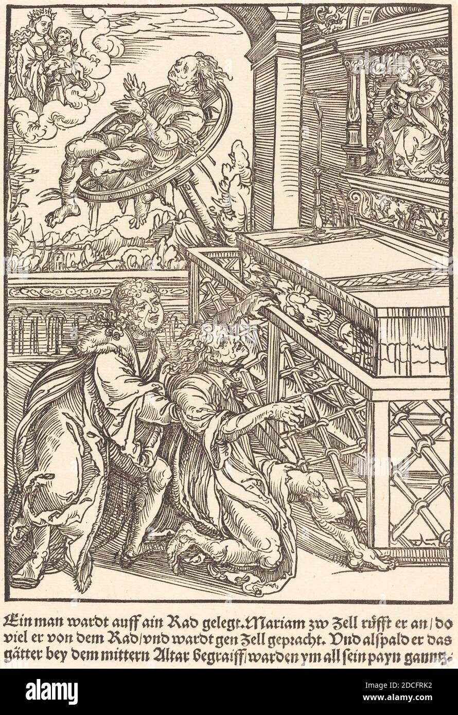 Meister der Wunder von Mariazell, (Künstler), Deutsch, aktiv Anfang des 16. Jahrhunderts, ein man wardt auff in Rad ..., die Wunder von Mariazell, (Serie), c. 1503, Holzschnitt auf gedeckten Papier, Blatt: 26.4 × 17.8 cm (10 3/8 × 7 Zoll Stockfoto
