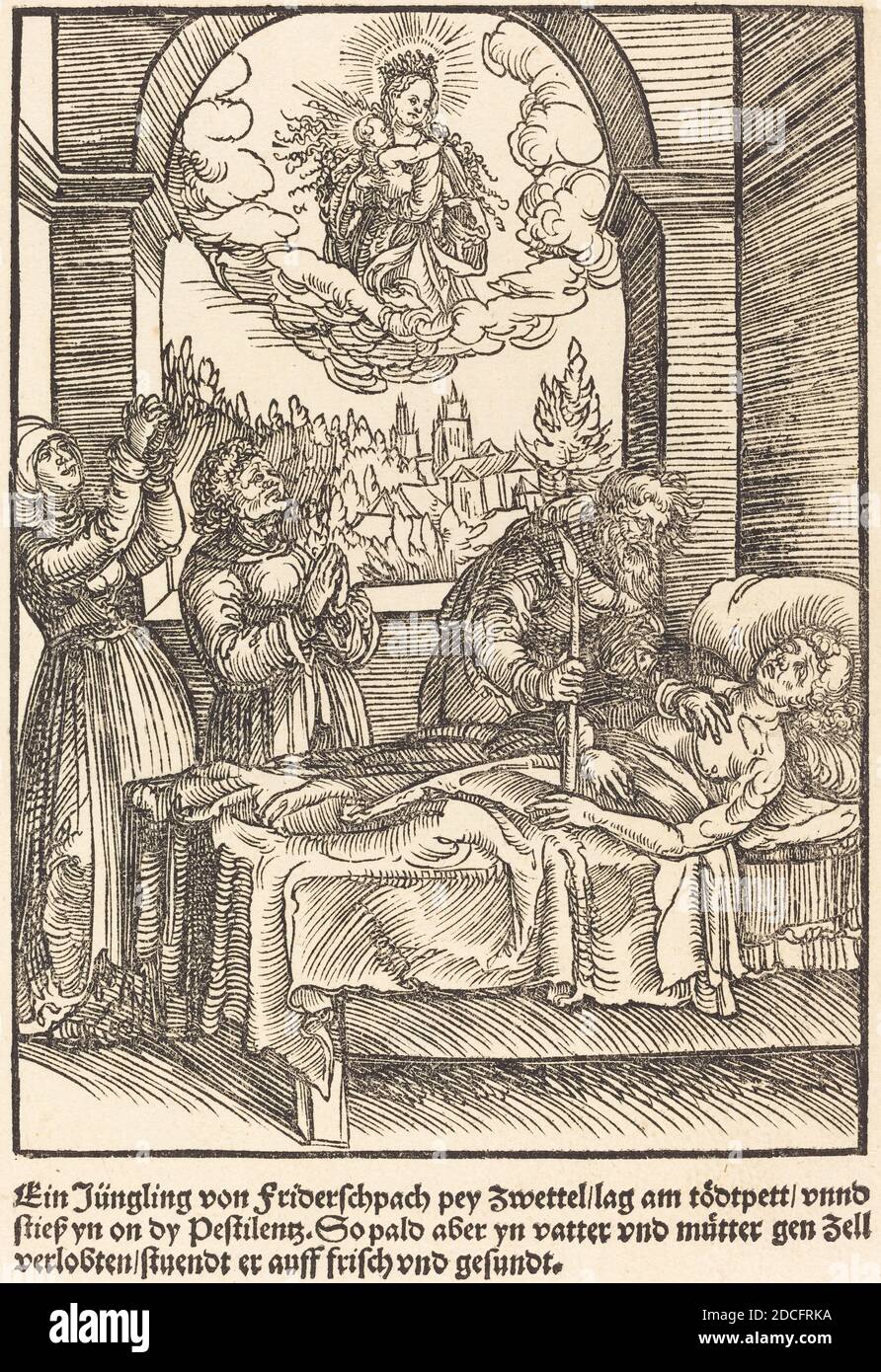 Meister der Wunder von Mariazell, (Künstler), Deutsch, aktiv Anfang des 16. Jahrhunderts, ein Jungling von Friderschpach ..., die Wunder von Mariazell, (Serie), c. 1503, Holzschnitt auf gedeckten Papier, Blatt: 26.5 × 18 cm (10 7/16 × 7 1/16 Zoll Stockfoto