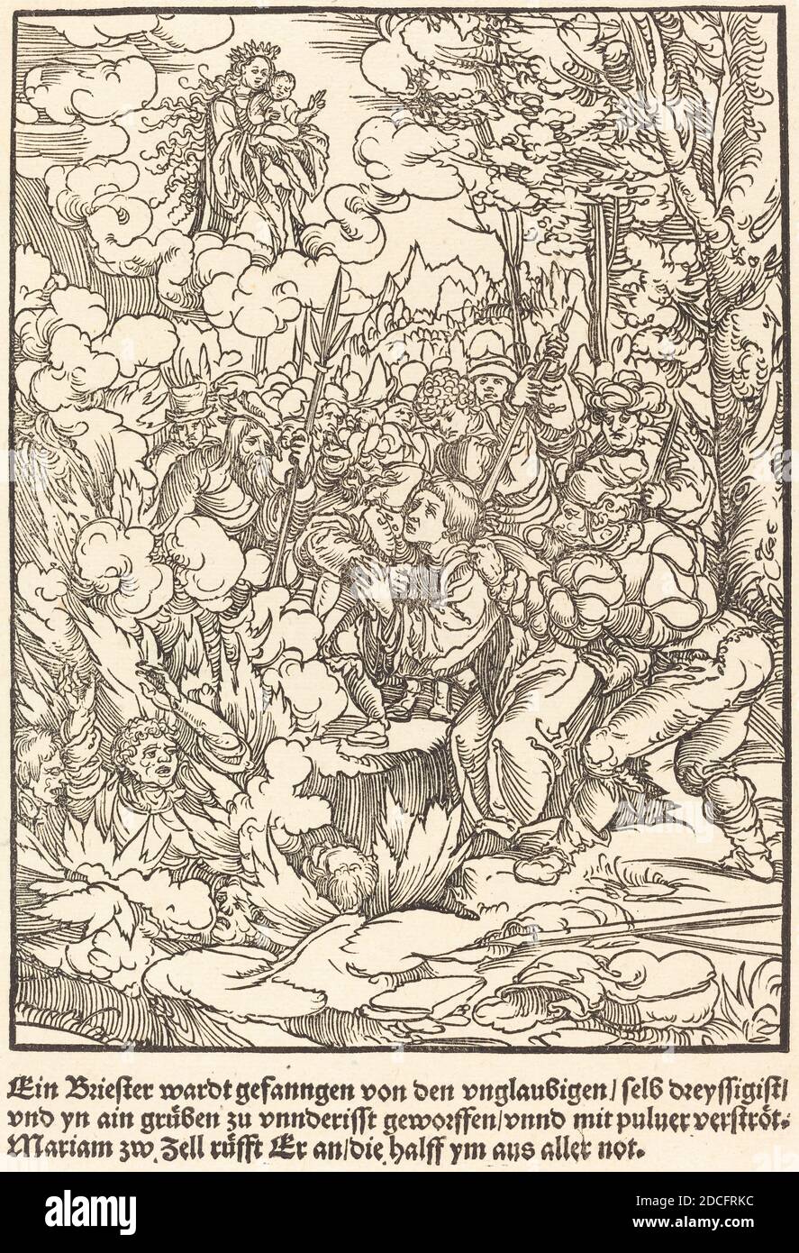 Meister der Wunder von Mariazell, (Künstler), Deutsch, aktiv Anfang des 16. Jahrhunderts, ein Briester wardt gefanngen ..., die Wunder von Mariazell, (Serie), c. 1503, Holzschnitt auf gedeckten Papier, Blatt: 26.3 × 18 cm (10 3/8 × 7 1/16 Zoll Stockfoto