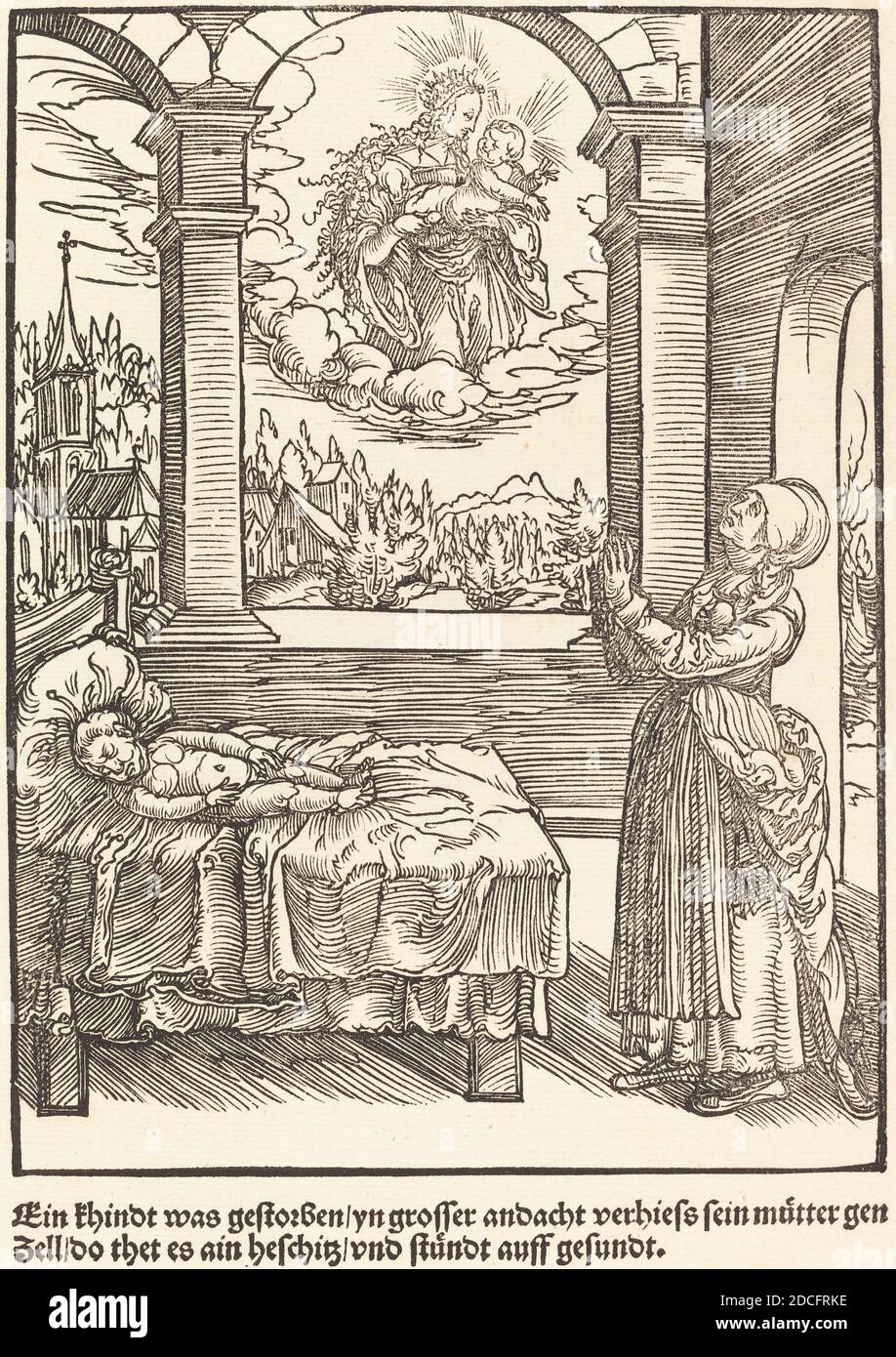 Meister der Wunder von Mariazell, (Künstler), Deutsch, aktiv Anfang des 16. Jahrhunderts, ein Khindt wurde gestorben ..., die Wunder von Mariazell, (Serie), c. 1503, Holzschnitt auf gedeckten Papier, Blatt: 26.5 × 17.7 cm (10 7/16 × 6 15/16 Zoll Stockfoto