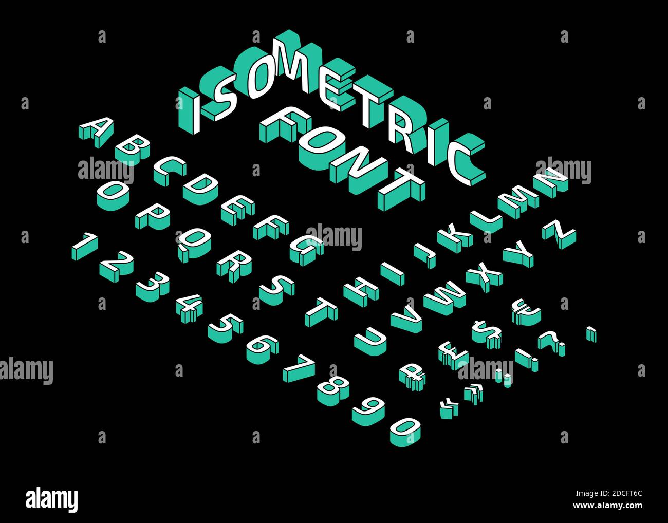 Vektor trendige Schrift mit weißen und blauen Buchstaben, Zahlen, Satzzeichen, Währungssymbole in Reihe auf schwarzem Hintergrund. Isometrische Schriftart, Alphabet, geometrischer 3d-Typ. Ziffern Typografie Elemente, Zeichen. Stock Vektor