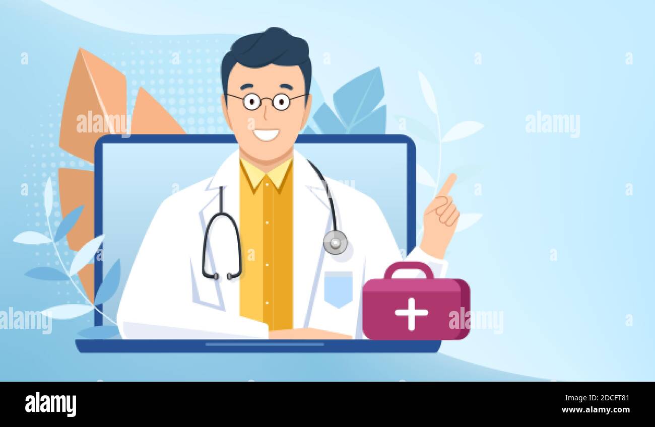 Online-Arztberatung über das Internet, individueller virtueller Videobesuch mit einem Board-zertifizierten Arzt. Medizinische Diagnostik, behandeln Krankheiten über Web-Anwendung auf Computer. Gesundheitskonzept. Stock Vektor