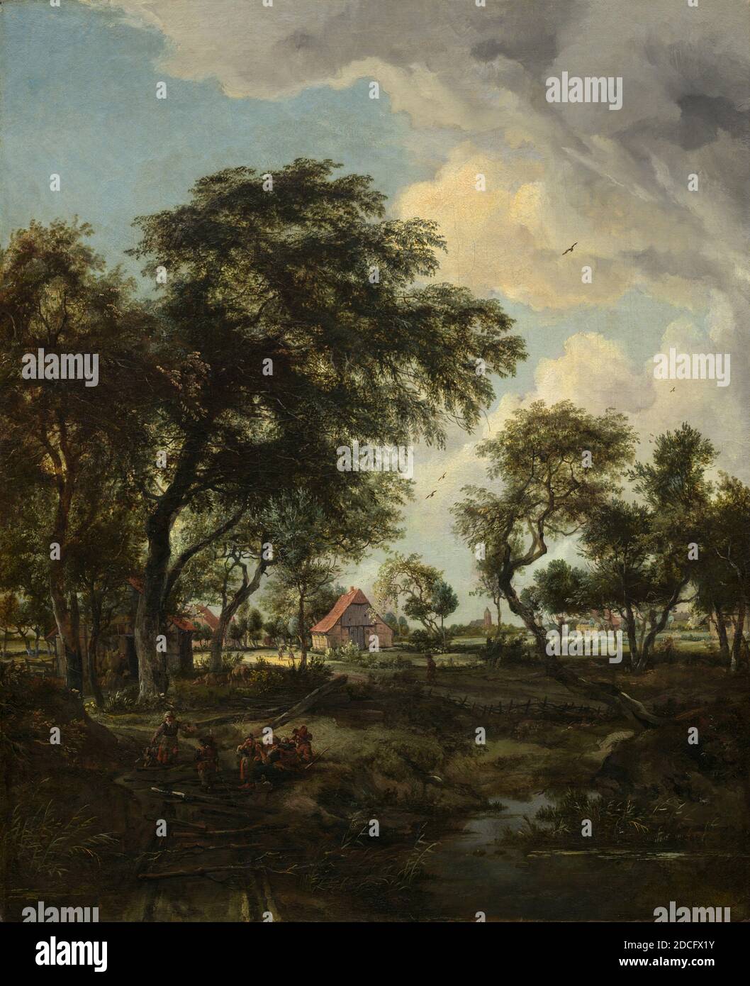 Meindert Hobbema, (Künstler), Niederländisch, 1638 - 1709, A Farm in the Sunlight, 1668, Öl auf Leinwand, gesamt: 81.9 x 66.4 cm (32 1/4 x 26 1/8 in.), studierte Meindert Hobbema bei dem bekannten Landschaftskünstler Jacob van Ruisdael, und etliche seiner Kompositionen entstanden aus dem Werk seines ersten Meisters. Hobbema näherte sich der Natur in einer geradlinigen Art und Weise, Darstellung malerischer, ländlicher Landschaft durch die Anwesenheit von Bauern oder Jäger belebt. Oft verwendete er Lieblingsmotive wie alte Wassermühlen, strohgedeckte Hütten und einbalsamische Deiche und ordnete sie in neue Kompositionen um Stockfoto