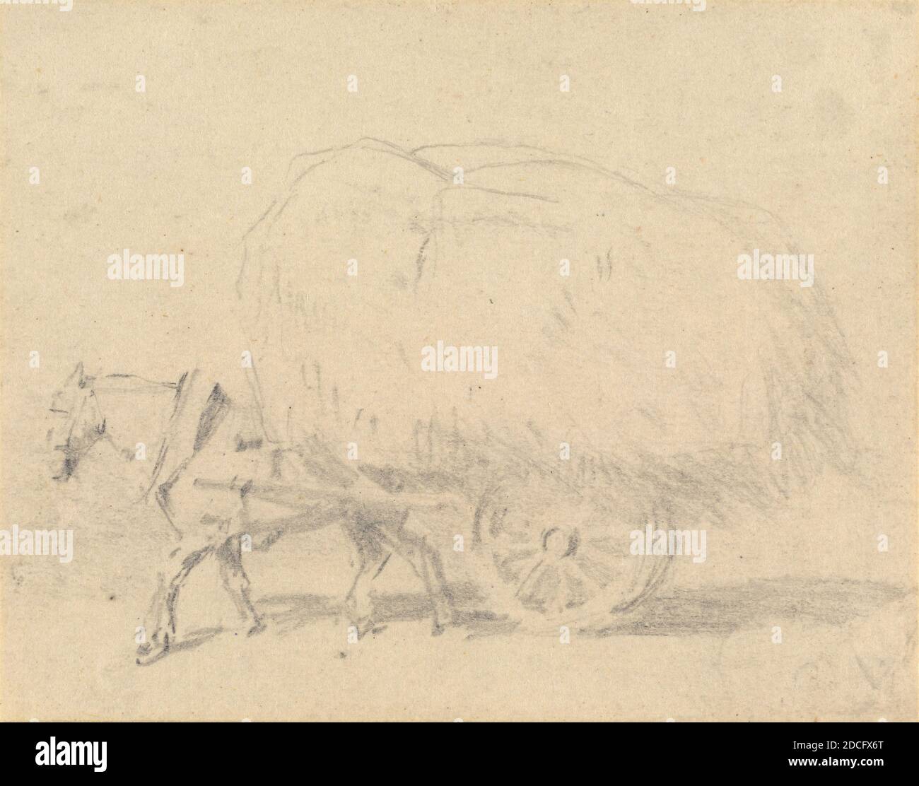 J. Frederick Tayler, (Künstler), britisch, 1802 - 1889, A Horse Pulling a Load of Hay, Graphit auf webtem Papier, insgesamt: 7.3 x 9.3 cm (2 7/8 x 3 11/16 Zoll Stockfoto